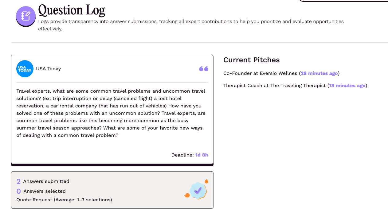 PR Intelligence Question Log Featured.com