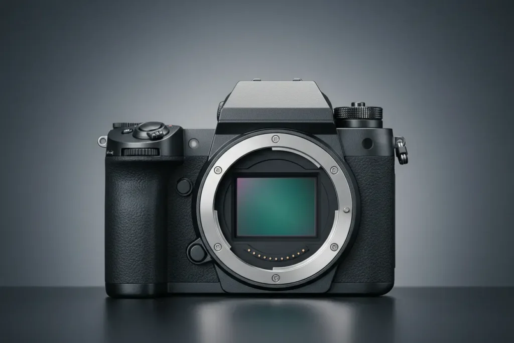 Mirrorless camera body with exposed sensor centered on a soft gray gradient background.