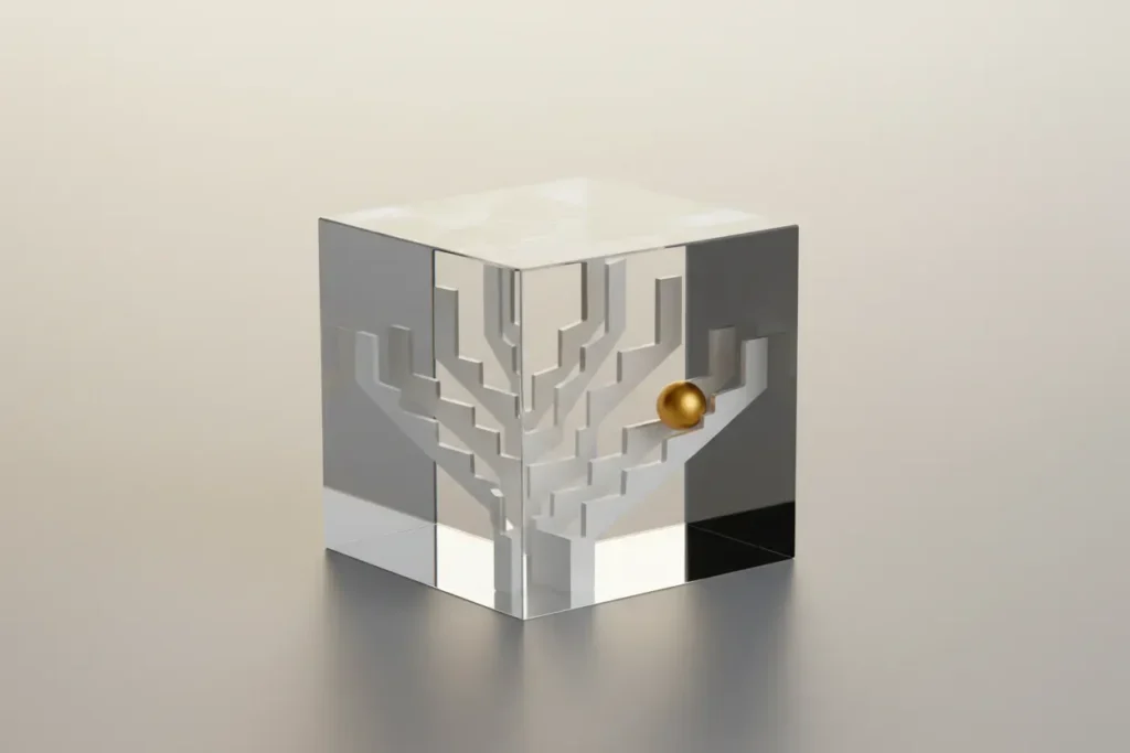 Transparent cube with branching channels and a gold sphere moving upward, symbolizing business structure shaping capital access.