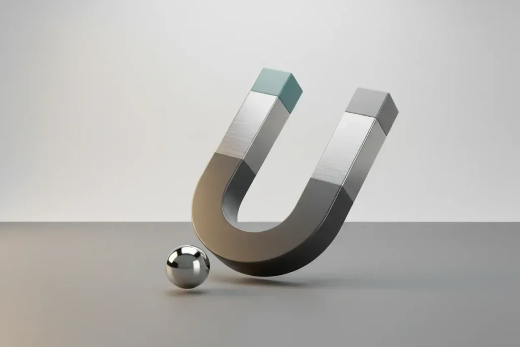 Sleek horseshoe magnet drawing a single chrome sphere against a soft neutral background.