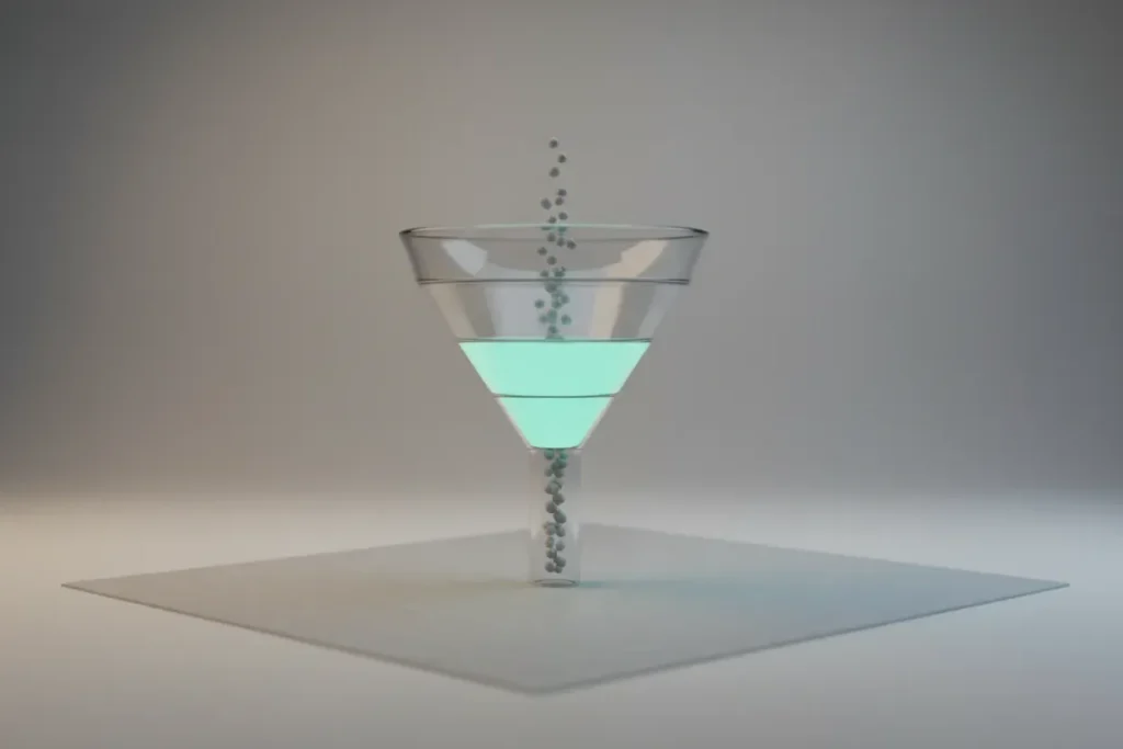 Translucent tiered conversion funnel with a glowing middle ring on a soft gray background, showing flow with a few spheres entering and exiting.