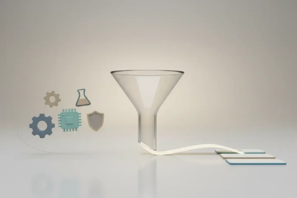 Central glass funnel refining diverse industry icons into three clean stacked tiles on a soft neutral background.