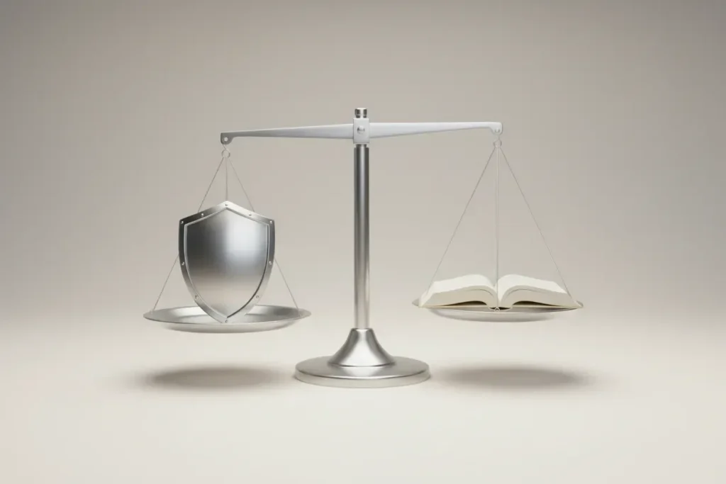 Balanced scale with a metal shield and an open book on a soft neutral background, symbolizing protective yet readable terms of service.