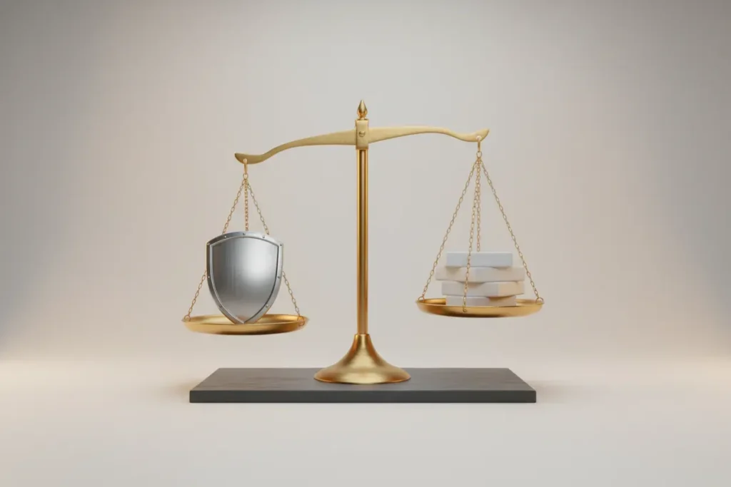 Brass balance scale weighing a metal shield against a stack of white blocks on a soft gray background.