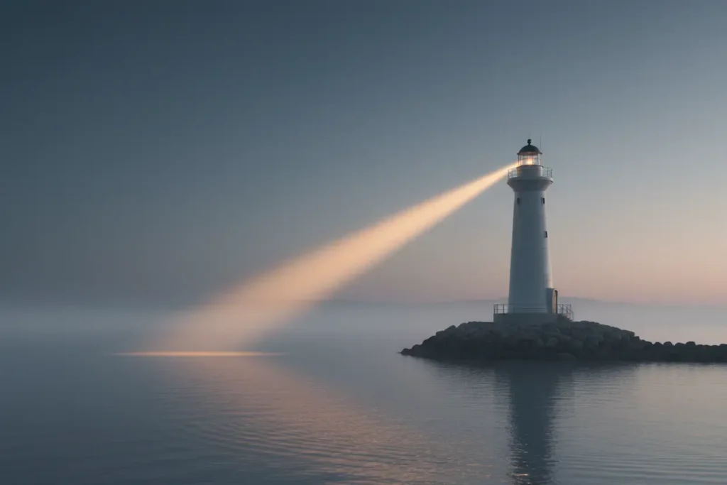 Solitary lighthouse at dawn casting a clear beam across calm water, symbolizing focused thought leadership.