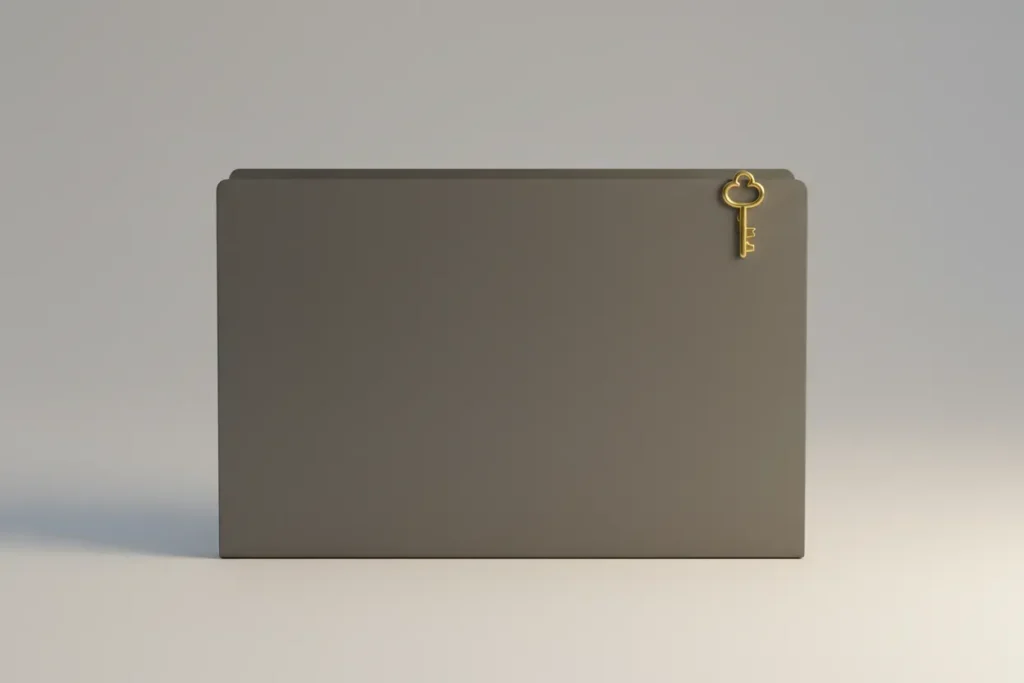 Gold key-shaped paperclip securing a charcoal document folder on a soft gray background, symbolizing a critical contract clause.
