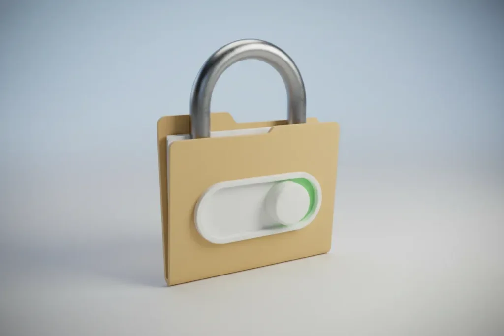 Folder-shaped padlock with a green consent toggle on a soft gradient background, symbolizing GDPR/CCPA data compliance.