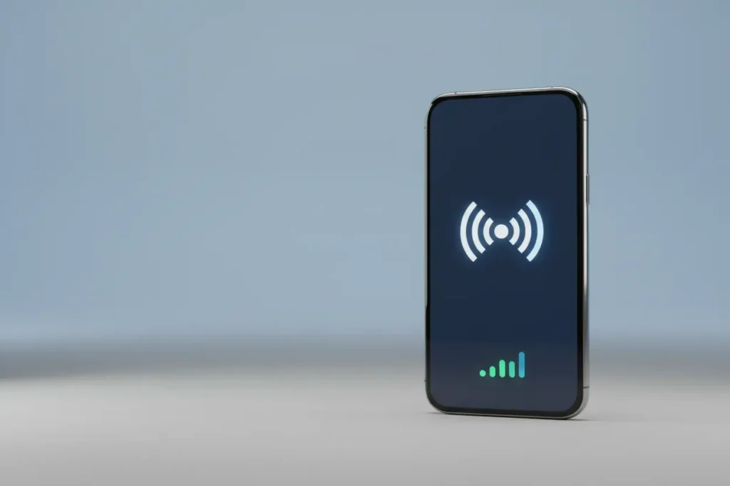 Minimalist smartphone with contactless pulse and rising bars on a soft background, symbolizing event engagement and measurable results.